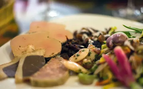Assiette de foie gras et confit, salade colorée. Un aperçu des spécialités Nouvelle Aquitaine.
