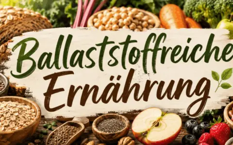 Brot, Haferflocken, Linsen, Beeren und Obst: Eine bunte Vielfalt an ballaststoffreichen Lebensmitteln für eine gesunde Ernährung.