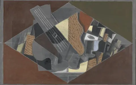 Violín y vaso, ejemplo de que es el cubismo, con formas geométricas fragmentadas y múltiples puntos de vista.