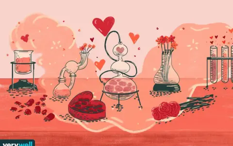 A laboratory setup with beakers, flasks, and test tubes filled with red liquid and flowers, symbolizing the creation of genuine connection.