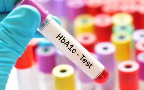 Rękawiczka trzyma probówkę z napisem "HbA1c - Test". W tle kolorowe probówki.