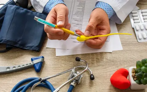 Lekarz analizuje formularz medyczny, trzymając model plemnika i długopis. Na stole leżą stetoskop, ciśnieniomierz, młoteczek neurologiczny i leki, sugerując dyskusję o skutkach ubocznych wazektomii.