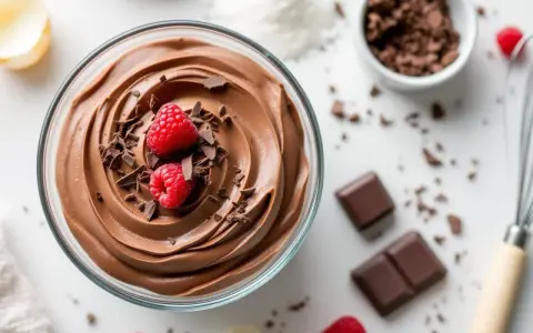 Mousse au chocolat sans jaune, onctueuse et aérienne, garnie de framboises fraîches et de copeaux de chocolat. Un délice léger et gourmand.