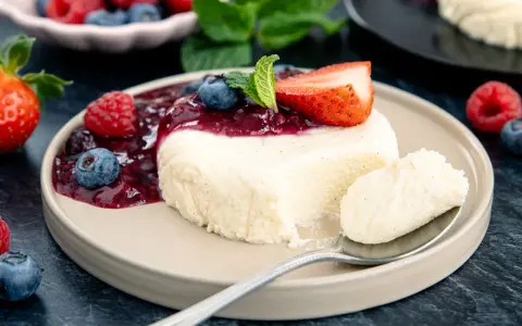 Cremige bayrische Creme mit Beerensoße, Erdbeere und Minze. Ein Löffel voller Genuss.