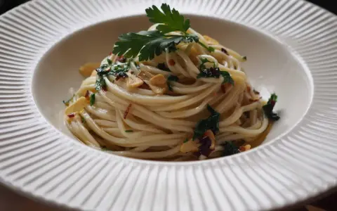 Domowy makaron przepis: spaghetti aglio e olio z czosnkiem, natką pietruszki i płatkami chili.