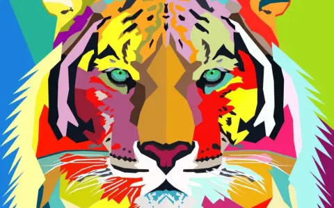 A vibrant, geometric tiger face in the style of easy pop art examples. Its eyes are a striking green, and the entire image bursts with bold, contrasting colors.