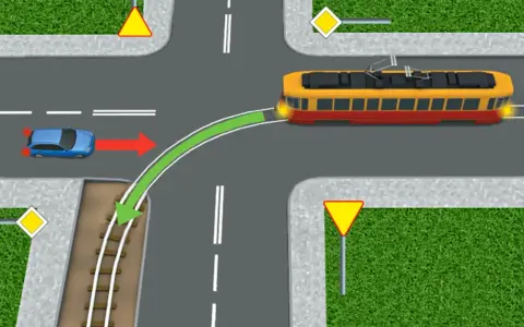 Skrzyżowanie, gdzie tramwaj ma pierwszeństwo. Niebieski samochód ustępuje miejsca, zielona strzałka pokazuje tor jazdy tramwaju.