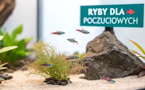 Małe, kolorowe rybki neonowe pływają w akwarium z piaskiem i roślinami.