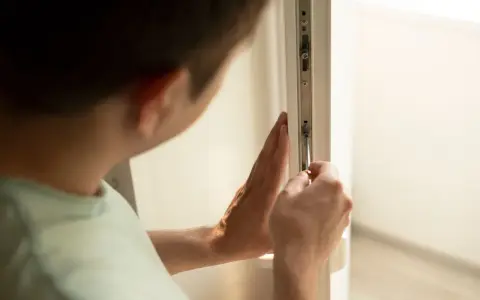 Mężczyzna dokonuje regulacji drzwi balkonowych uchylnych, dokręcając śrubokrętem mechanizm.