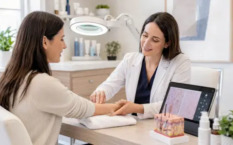 Dermatolog, kto to? Lekarka bada skórę pacjentki, analizując ją na tablecie i modelu anatomicznym.