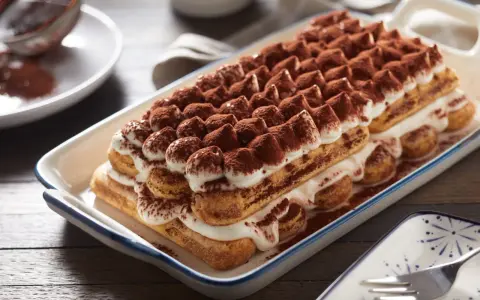 Un délicieux tiramisu, un dessert italien parfait pour un boudoir gourmand, est présenté dans un plat rectangulaire, saupoudré de cacao.