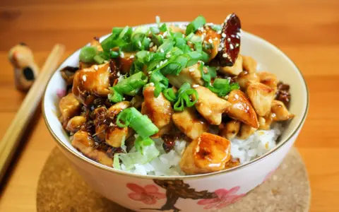 Schüssel mit Reis, Hähnchen und Frühlingszwiebeln, garniert mit Sesam. Ein köstliches Kung Pao Gericht, bereit zum Genießen.