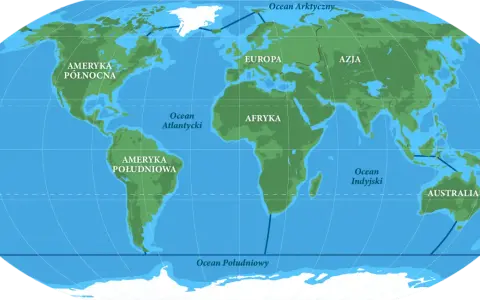 Mapa świata z zaznaczonymi kontynentami i oceanami: Spokojnym, Atlantyckim, Indyjskim, Południowym i Arktycznym.