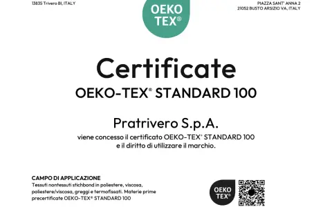 Certificato OEKO-TEX® STANDARD 100 per tessuti Pratrivero S.p.A. che garantisce l'assenza di sostanze nocive.