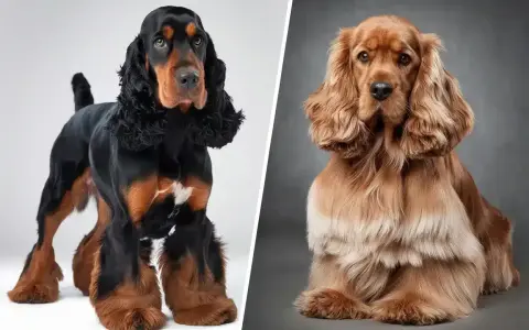 Un cocker anglais noir et feu et un cocker américain roux, deux races de chiens élégantes aux longues oreilles.