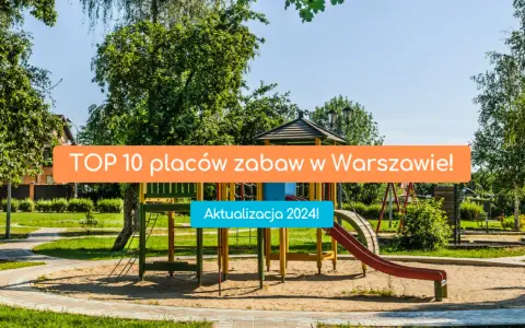 Kolorowy plac zabaw z piaskownicą i zjeżdżalnią, otoczony zielenią.