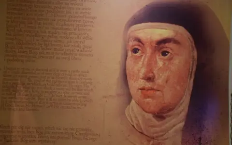 Portret zakonnicy z tekstem o modlitwie o przyjaciela.