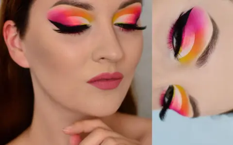 Oczy z wyrazistym makijażem cut crease w odcieniach różu, pomarańczy i żółci. Czarne kreski i długie rzęsy podkreślają spojrzenie.