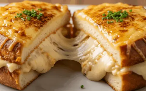 Un fromage croque monsieur dégoulinant, garni de ciboulette fraîche. Le fromage fondu s'étire entre les deux moitiés du sandwich grillé.