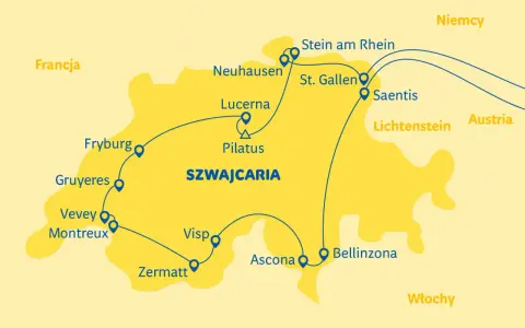 Mapa Szwajcarii z trasą grand tour: Fryburg, Lucerna, Pilatus, Zermatt, Ascona, Bellinzona, Stein am Rhein.