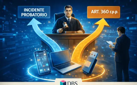 Giudice con martelletto, frecce blu e gialle, laptop, smartphone, chiavetta USB, testo "INCIDENTE PROBATORIO" e "ART. 360 c.p.p.".