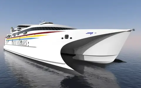 Nowoczesny katamaran Virtu Ferries, z jaką prędkością płynie prom, nie jest widoczny, ale jego sylwetka sugeruje szybkość.