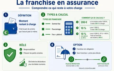 Infographie expliquant la franchise en assurance : définition, types, calculs et rôle. Le **remboursement franchise** est la part du sinistre à la charge de l'assuré.