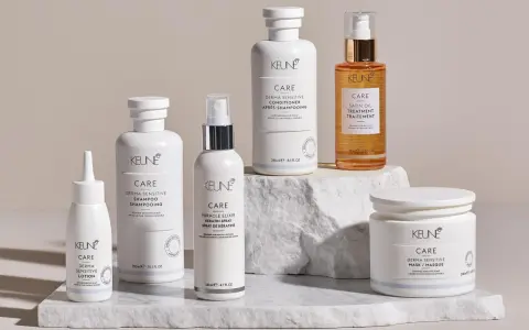 Keune Care Serie: Shampoo, Conditioner, Lotion, Miracle Elixir Spray, Satin Oil Treatment und Maske für empfindliches Haar und Kopfhaut.