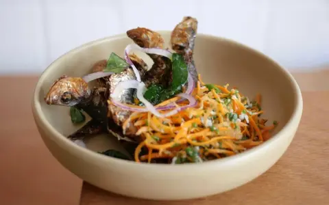 Poisson frit croustillant avec salade de carottes râpées et oignons rouges, une spécialité du restaurant la joie.
