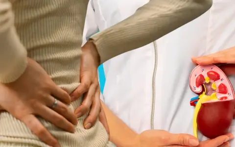 Ból pleców może sygnalizować powiększone nerki. Model anatomiczny nerki w rękach lekarza.