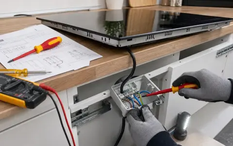 Instalator podłącza płytę indukcyjną 3-fazową, używając śrubokręta i instrukcji. Obok leży multimetr.