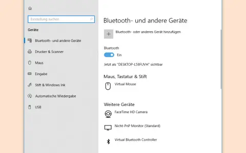 Windows 10: Bluetooth aktivieren. Im Einstellungsmenü unter "Geräte" wird gezeigt, wie man Bluetooth einschaltet und weitere Geräte hinzufügt.