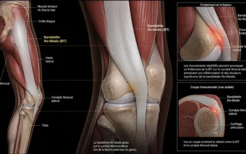 Anatomie du genou montrant le frottement de la bandelette ilio-tibiale sur le condyle fémoral, cause du syndrome de l'exercice essuie-glace.