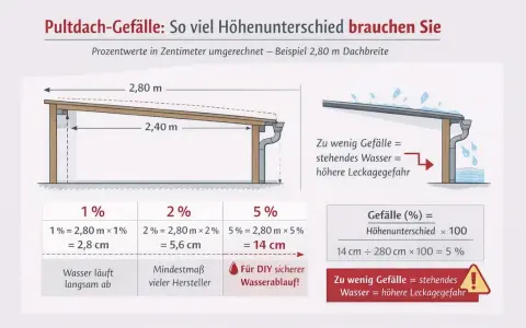 Pultdach-Konstruktionszeichnung zeigt Gefälleberechnung für sicheren Wasserablauf. 2,80m Dachbreite erfordert 1-5% Neigung.