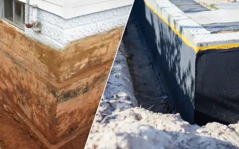 Porównanie: stary, wilgotny fundament z widocznymi warstwami ziemi i nowy, zabezpieczony czarną masą izolacyjną. Prawidłowa izolacja fundamentów to klucz do ochrony domu.