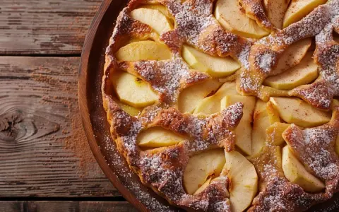 Un délicieux clafoutis aux pommes, saupoudré de sucre glace, repose sur un plateau en bois rustique.
