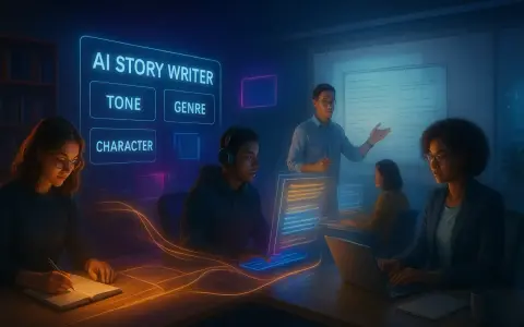 Un grupo de personas trabaja en un aula futurista, usando IA para escribir historias. La pantalla muestra "AI STORY WRITER" con opciones como TONE, GENRE y CHARACTER, sugiriendo una **elipsis narrativa** en la creación de contenido.