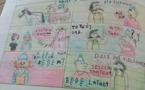 Jak narysować komiks do szkoły? Dzieci rysują historię o zębach i lataniu.