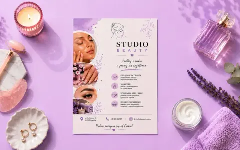 Darmowe szablony ulotek dla Studio Beauty. Pielęgnacja twarzy, manicure, stylizacja rzęs i brwi, relaks.