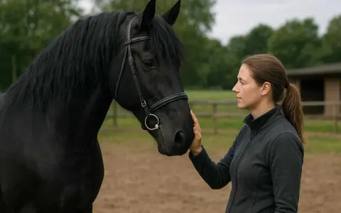 Une femme caresse la tête d'un magnifique cheval frison noir, une connexion paisible dans un pré.