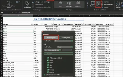 Excel-Tabelle mit Autos, die nach Marke sortiert werden. Die Option "Aufsteigend" für das **excel teilergebnis** ist ausgewählt.