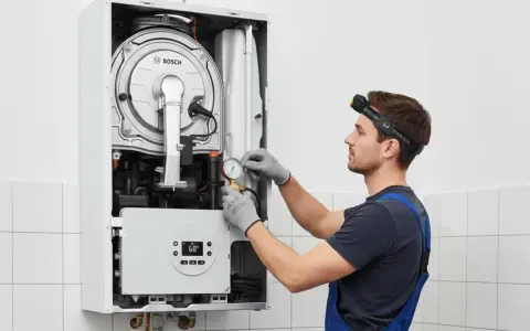 Tecnico controlla la pressione caldaia a 2 bar con manometro.