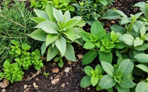 Un assortiment de plantes aromatiques vertes et luxuriantes, dont de la menthe et du romarin, poussent dans un sol riche.