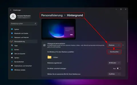 Windows 11: Personalisierung > Hintergrund. Hier wird die Diashow-Geschwindigkeit eingestellt.