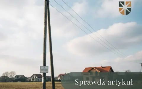 Drewniany słup z przewodami tworzy linię napowietrzną nad polami i domami.