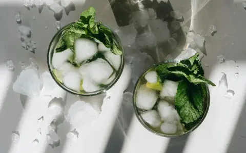Dwa orzeźwiające augustowskie mojito z lodem i miętą, otoczone pokruszonym lodem.