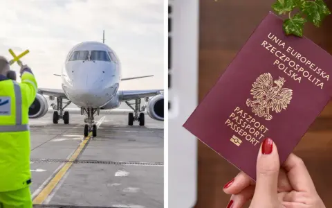 Pracownik lotniska kieruje samolotem, a obok polski paszport. Planujesz podróż z biura paszportowego Jelenia Góra?