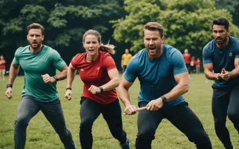 Quatre personnes en tenue de sport courent sur l'herbe, déterminées. Un défi sportif d'entreprise en plein air.