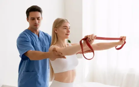 Un chinesiologo, un vero medico, guida una paziente in un esercizio con elastico rosso per migliorare la mobilità.