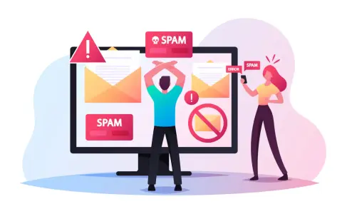 Osoba zrezygnowana przed monitorem z powiadomieniami SPAM, a kobieta z telefonem odbiera kolejne niechciane wiadomości.